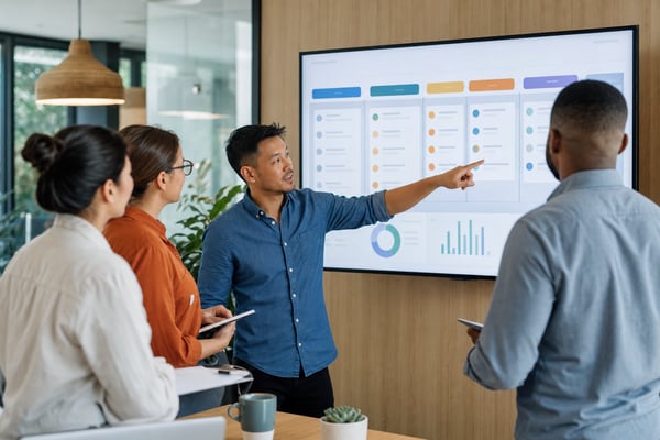 Marketing and sales team reviewing a HubSpot lifecycle stages and Lead Status map on a monitor