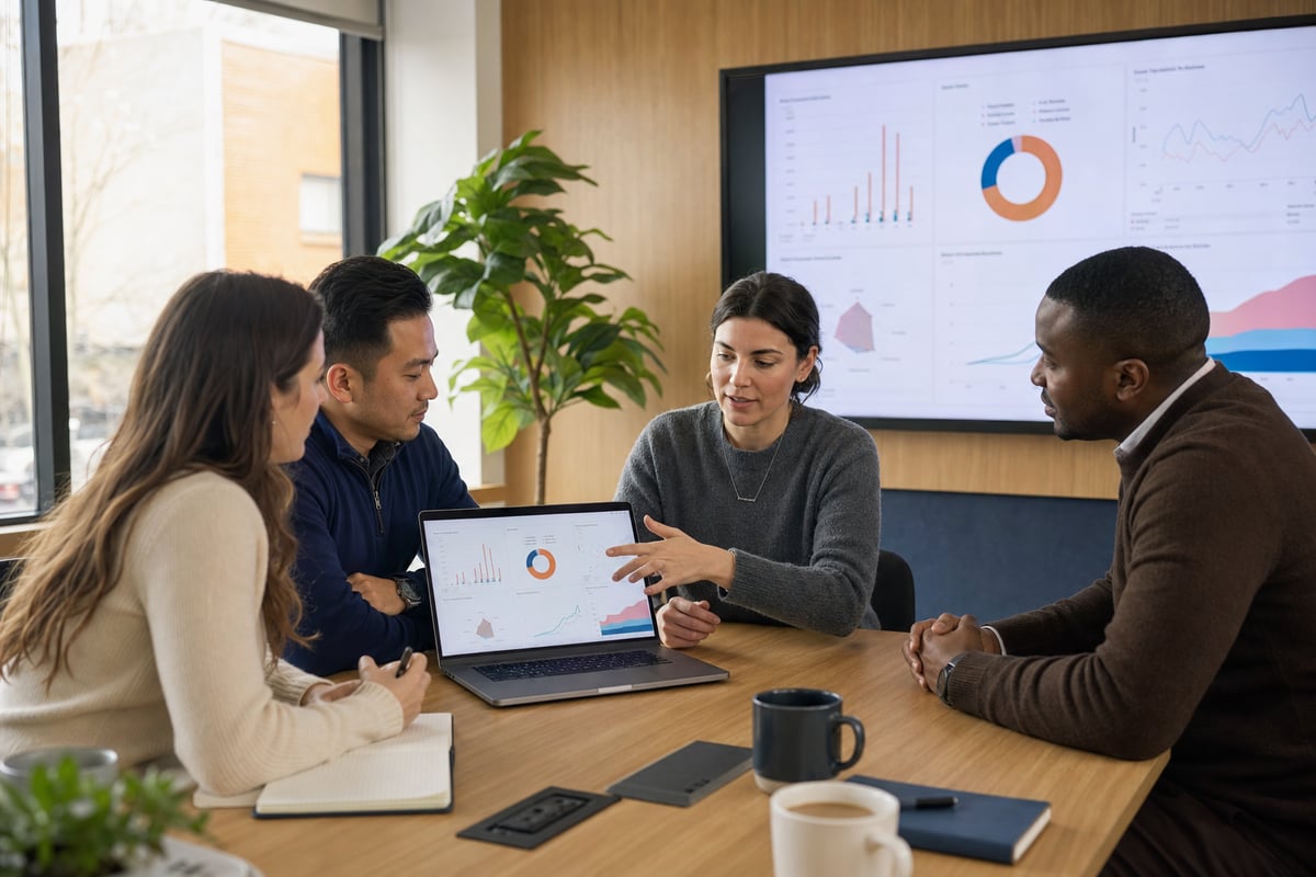 Illustrative team comparing information on a laptop and wall display