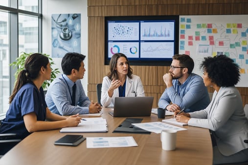 Healthcare team reviewing patient data dashboards in a hospital conference room
