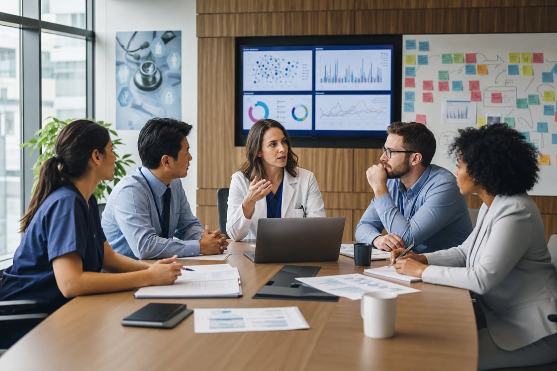 Illustrative healthcare team reviewing charts in a bright meeting room