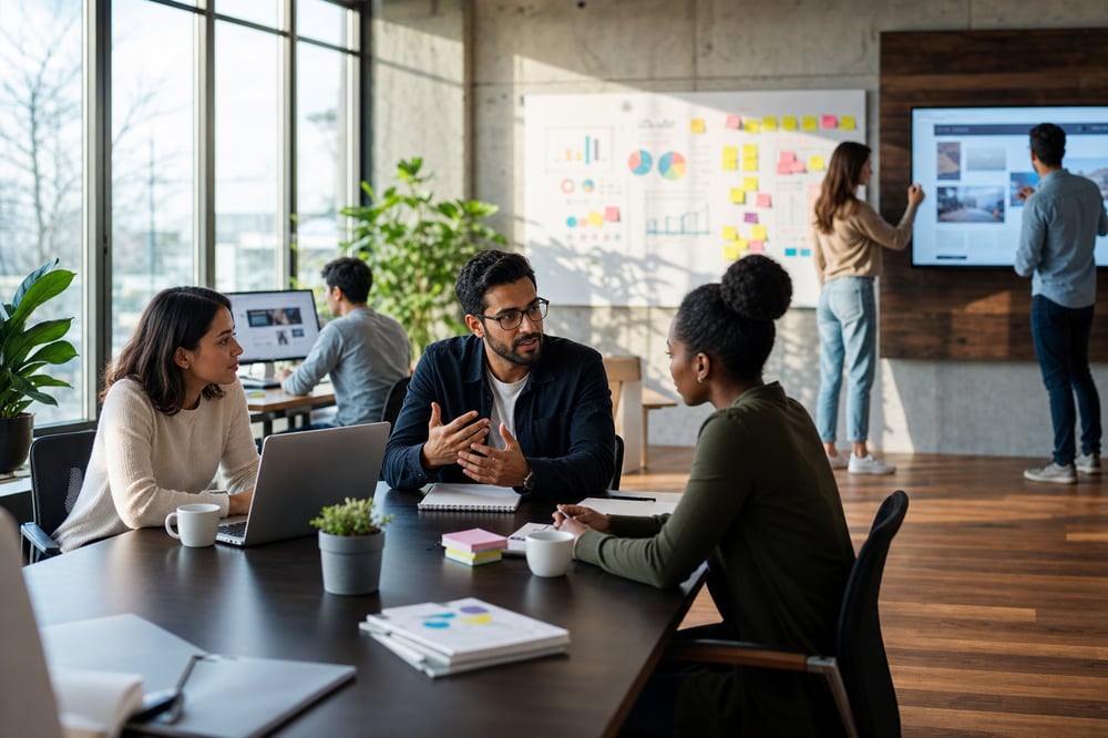 A web design agency team discussing a website project with a client around a conference table in a bright modern office
