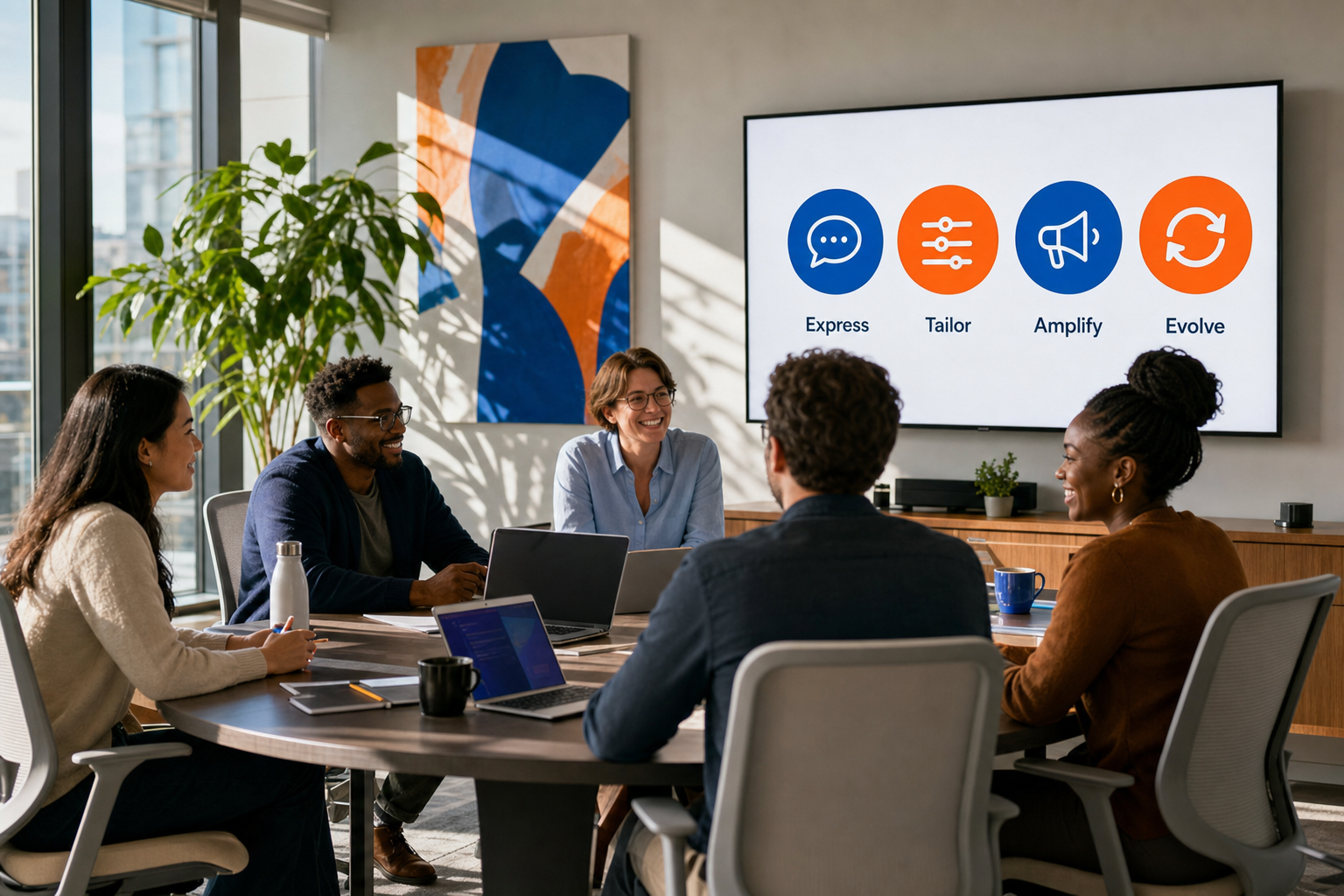 Illustrative team discussing a shared communication plan around a conference table