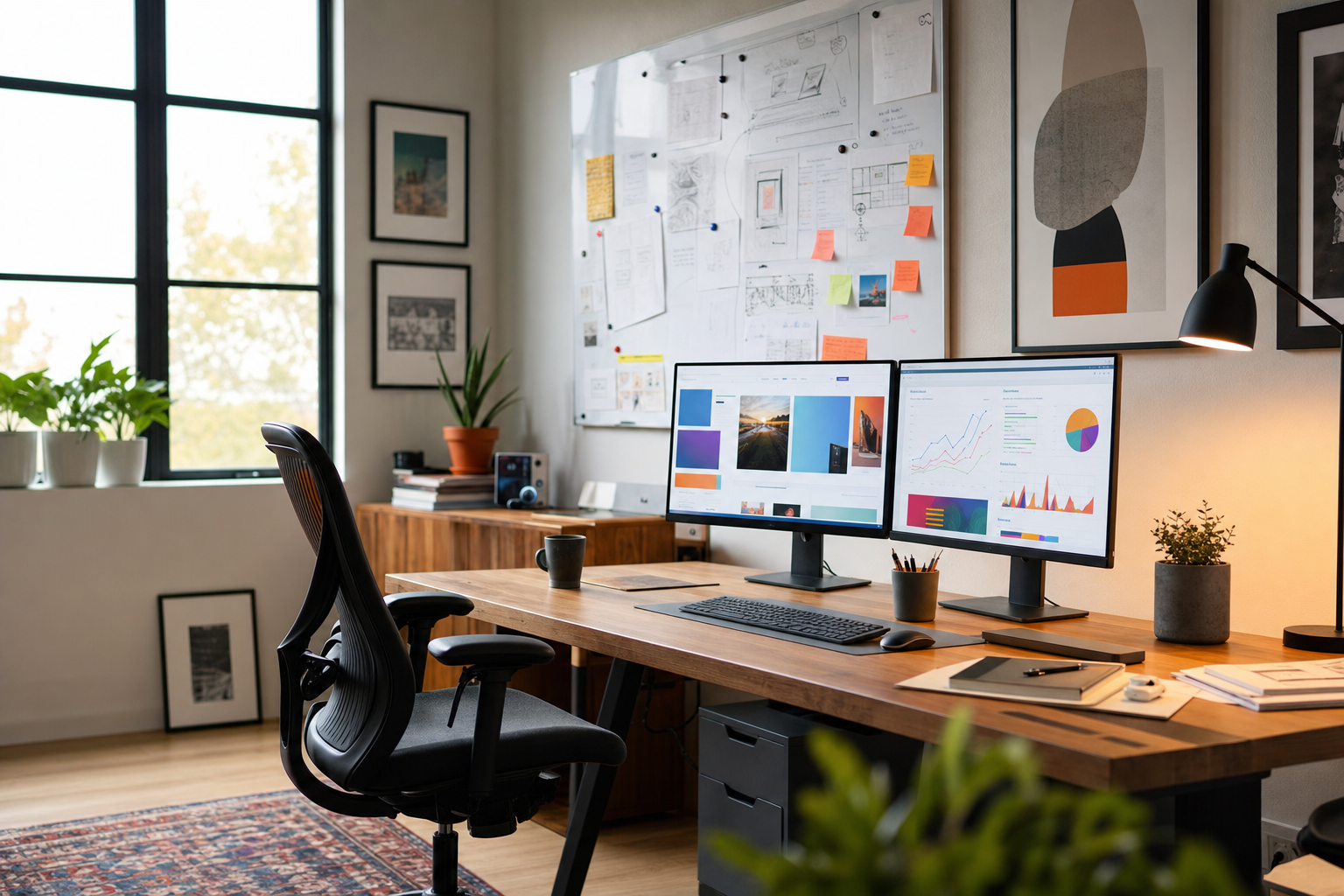 Illustrative workspace with two monitors and a planning board beside a sunlit desk
