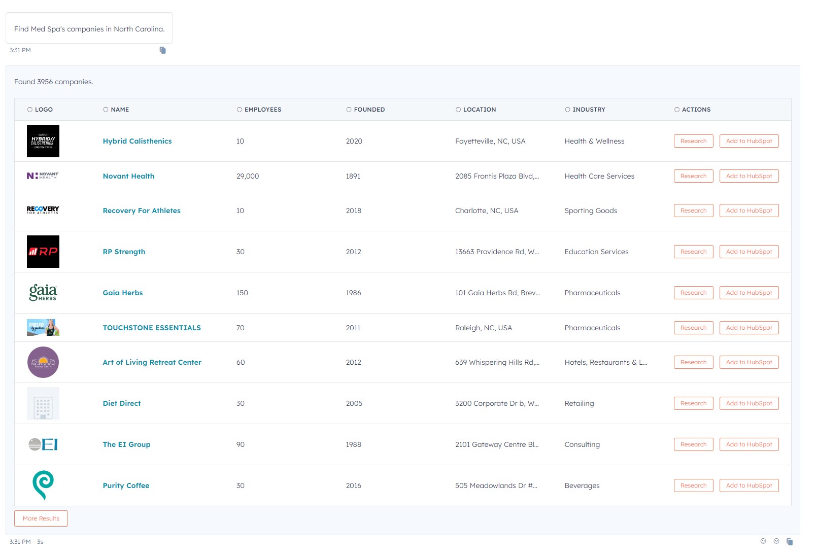 ChatSpot AI in HubSpot CRM prospecting med spas in North Carolina, showcasing its advanced CRM data capabilities.