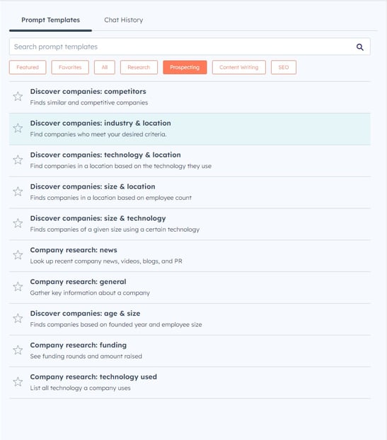 ChatSpot's prompt library interface within HubSpot CRM showcasing AI tools for sales and marketing tasks.