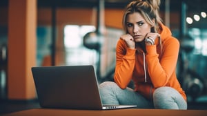 Frustrated gym owner looks at her computer screen, seeking solutions with Mindbody Online, CRMConnect, and HubSpot for gyms