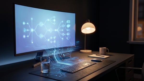 Workflow diagram on a monitor with glowing AI pathways flowing onto a dark desk, representing forward-deployed AI