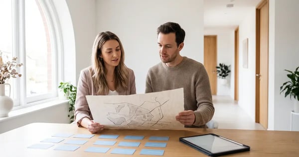Two people reviewing a paper map at a table with blue cards and a tablet.
