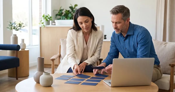Two people reviewing blue cards beside a laptop at a wooden table.