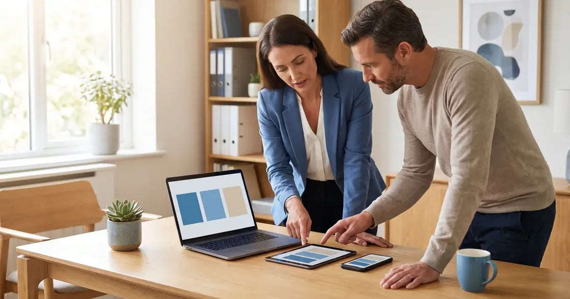Two people reviewing page layouts on a laptop, tablet and phone