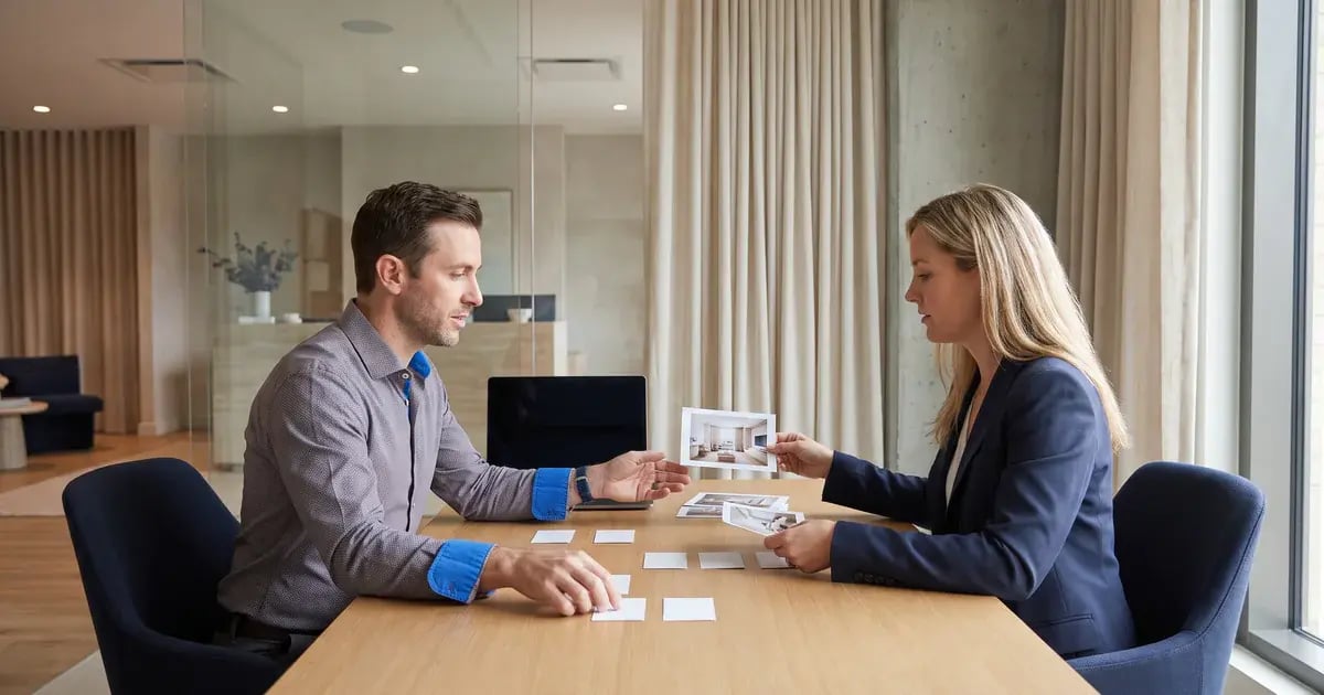 Illustrative scene of two people reviewing cards and printed photographs at a table.