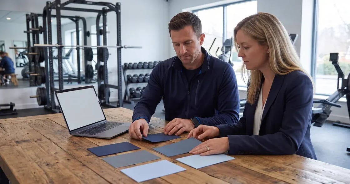 Two people reviewing blue planning cards beside a laptop in a gym.