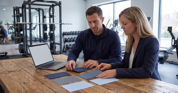 Two people reviewing blue planning cards beside a laptop in a gym.