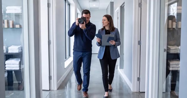 Illustrative scene of two people with a camera and clipboard in a bright corridor.