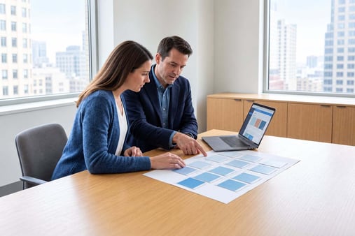Illustrative scene of two people reviewing a website page map beside a laptop.