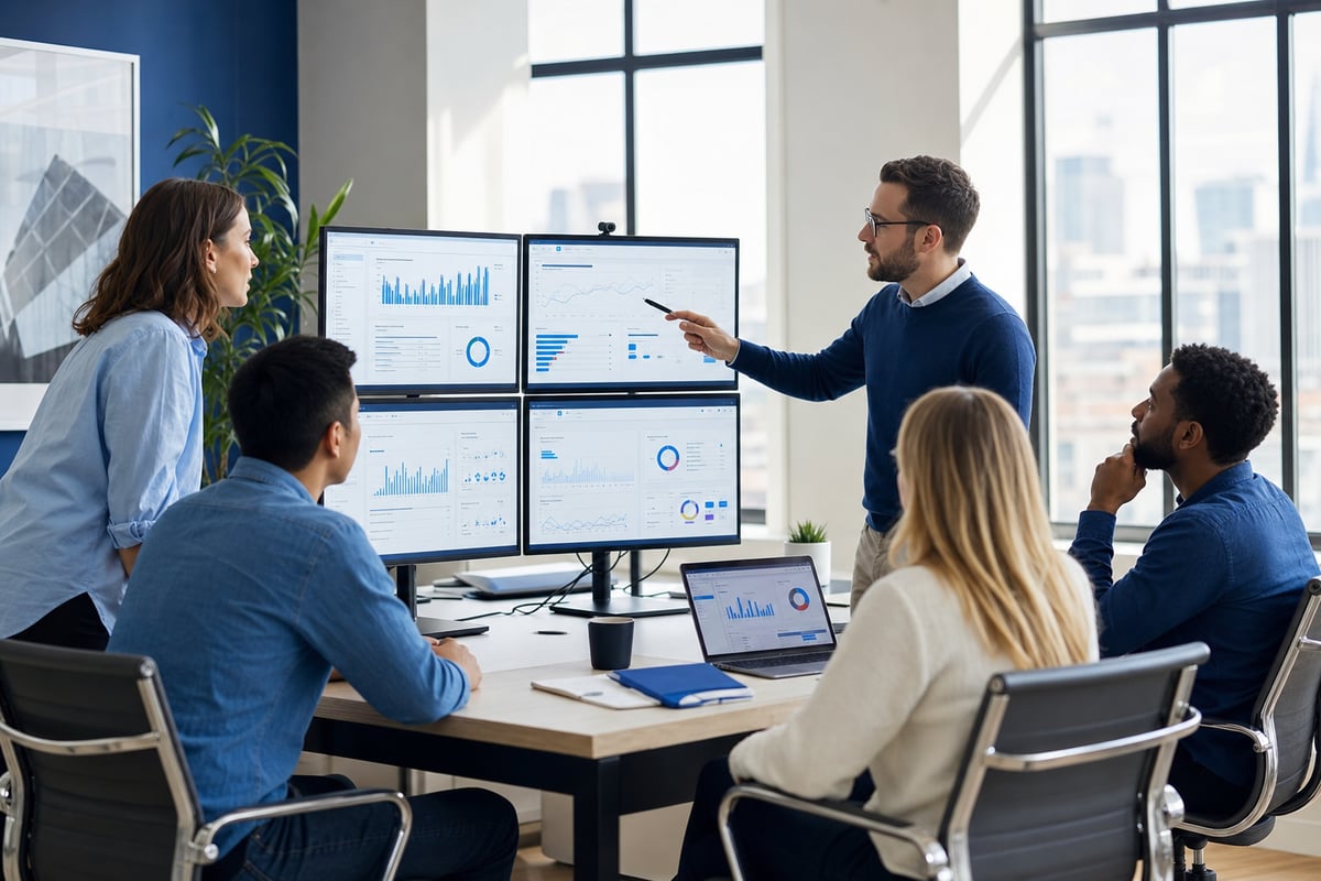 B2B marketing team reviewing paid media performance and HubSpot reporting on office screens