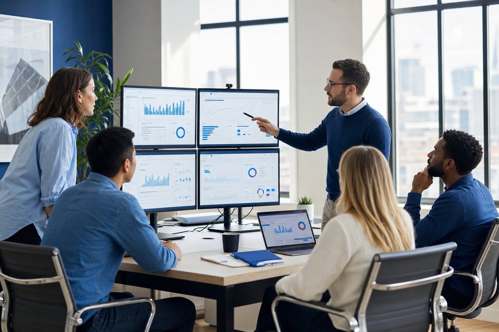 B2B marketing team reviewing paid media performance and HubSpot reporting on office screens