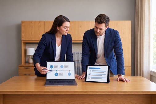 Illustrative office scene with two people reviewing a call diagram on a laptop and a checklist on a tablet