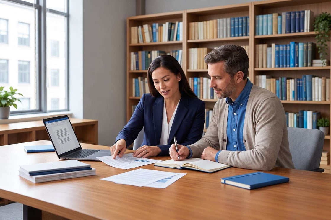 Illustrative scene of two people reviewing papers beside a laptop and open notebook
