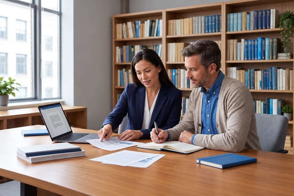 Illustrative scene of two people reviewing papers beside a laptop and open notebook
