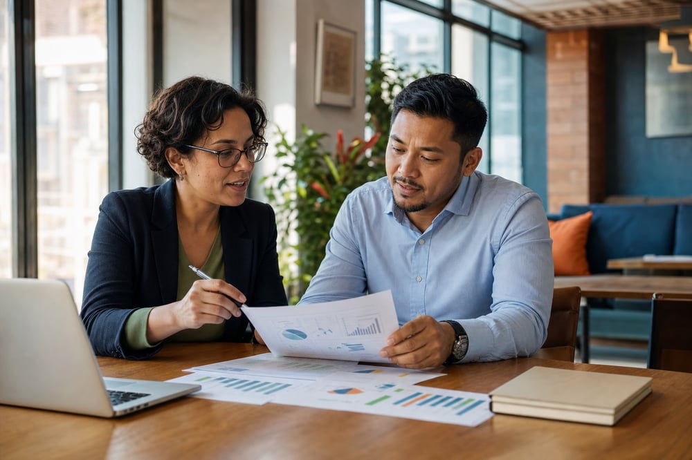 A small business owner and a marketing consultant reviewing performance reports and a laptop together at a conference table in a bright office