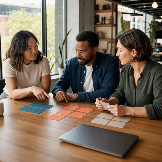 AI-generated scene of three colleagues sorting blank priority cards at a bright office table