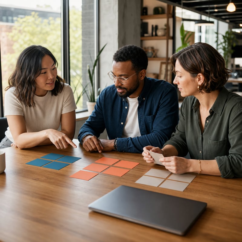 Illustrative audit review: three people organize findings on colored cards