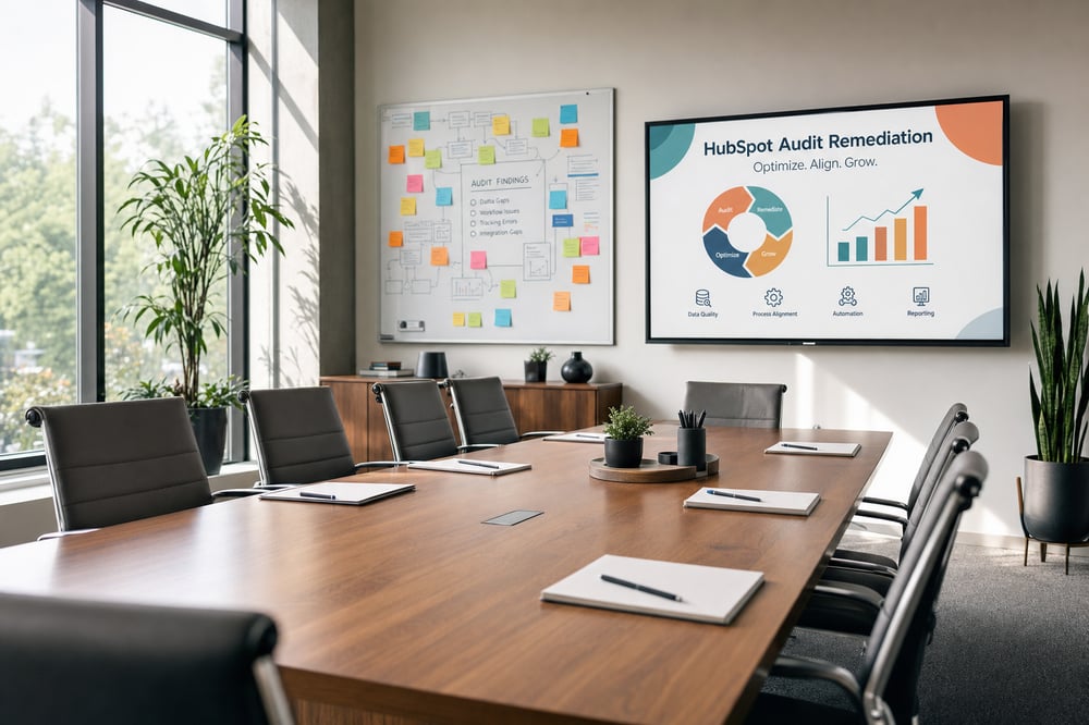 Illustrative conference room prepared for reviewing HubSpot audit repairs and verification evidence
