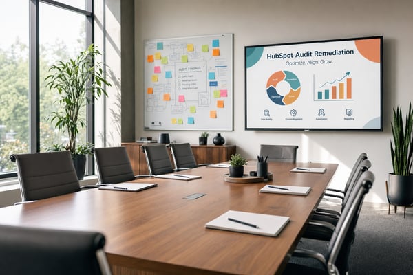 Illustrative conference room prepared for reviewing HubSpot audit repairs and verification evidence