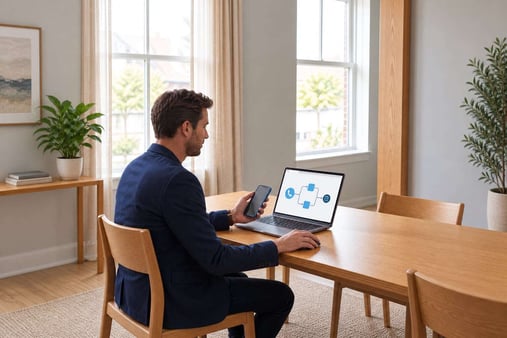 Illustration of a person holding a phone beside a laptop displaying a blue calling-flow diagram
