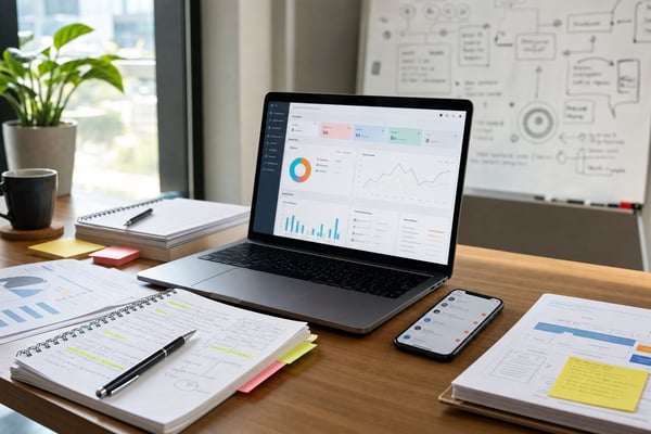 Illustrative CRM cleanup workspace with a laptop, review notes and a workflow whiteboard