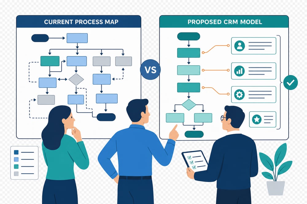 Illustration of three operations team members comparing a current process map with a proposed CRM model