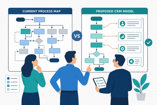 Illustration of three operations team members comparing a current process map with a proposed CRM model