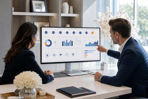 Illustrative consultation reviewing connected workflow diagrams and dashboards
