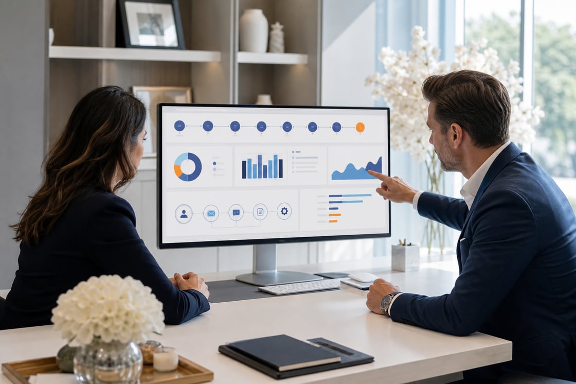 Illustrative consultation reviewing connected workflow diagrams and dashboards