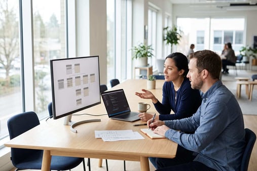 Illustrative scene of two colleagues reviewing a software integration map beside a laptop