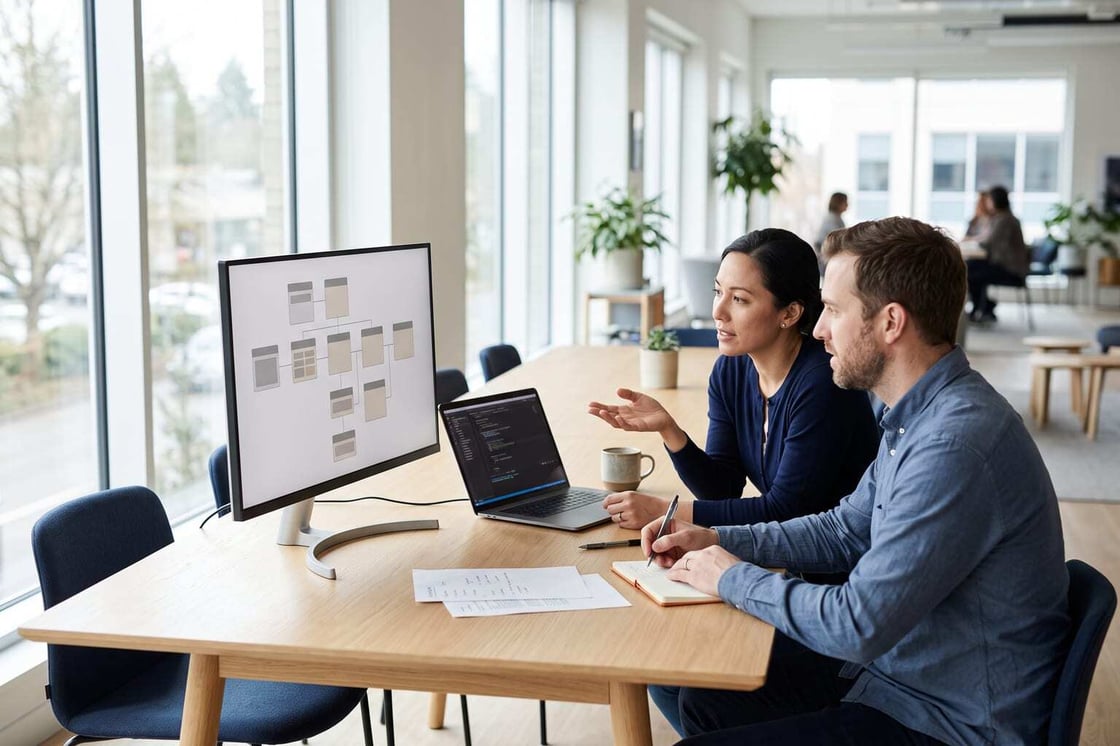 Illustrative scene of two colleagues reviewing a software integration map beside a laptop