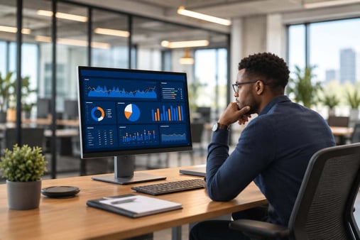 Illustrative office scene of a professional reviewing blue and orange charts on a dashboard.