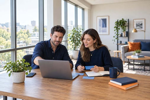 Illustrative scene of two people reviewing a laptop, blue cards and a notebook at a table in a bright office.