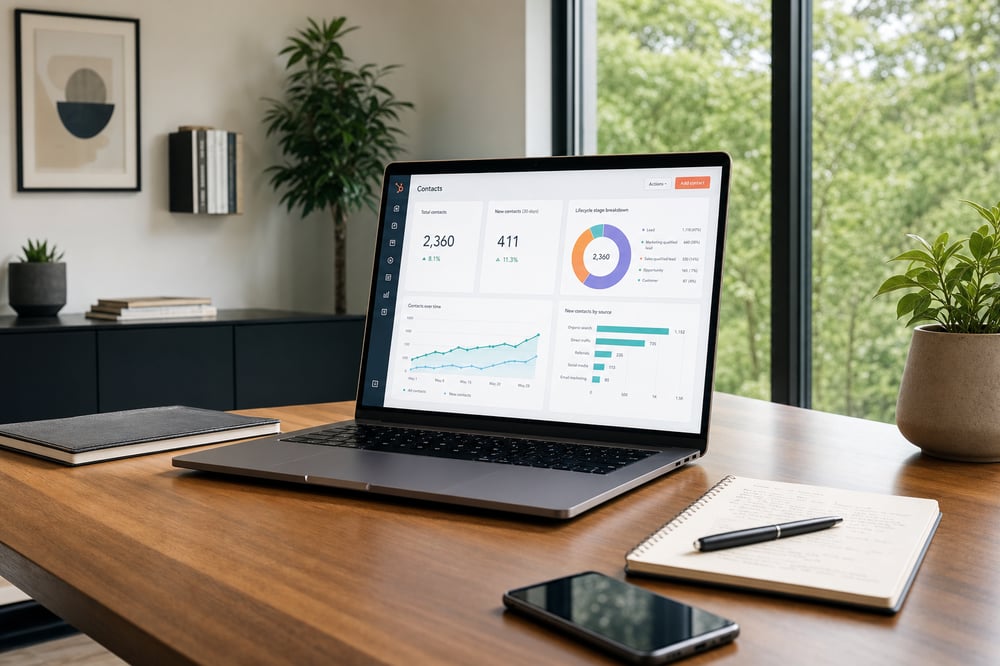 Illustrative workspace with a laptop, contact metrics and notes for a marketing contact billing audit