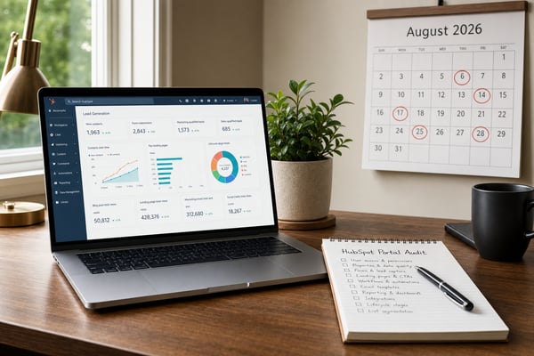 AI-generated HubSpot portal audit workspace with a laptop, checklist, and wall calendar