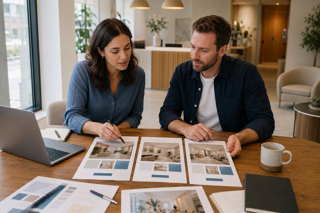 Two people review printed advertising layouts beside a laptop in a bright reception workspace.