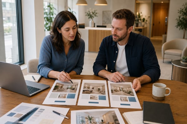 Two people review printed advertising layouts beside a laptop in a bright reception workspace.