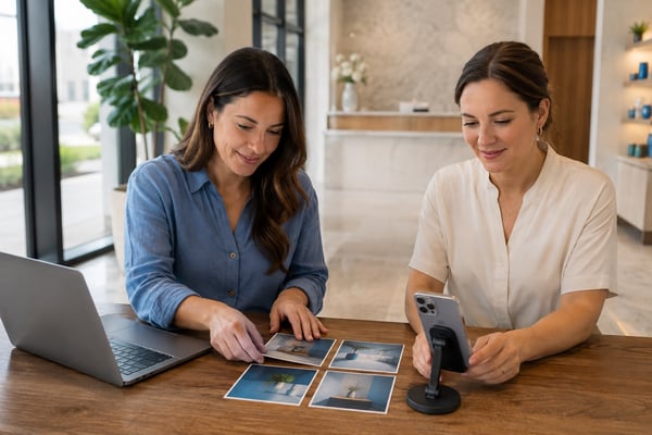 Two people arrange printed content layouts beside a smartphone on a stand in a bright reception workspace.