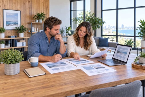Illustrative scene of two professionals reviewing website page layouts beside a laptop in a bright office.