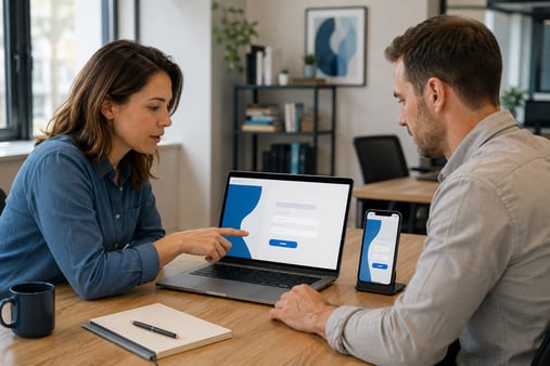 Two people review matching blue-and-white page layouts on a laptop and a phone at a desk.