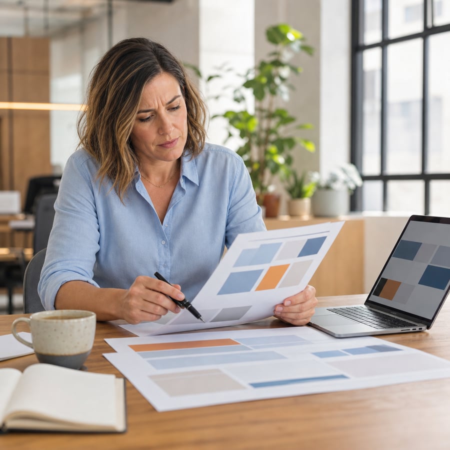 A small business owner reading a printed web design proposal closely, pen in hand, checking it line by line