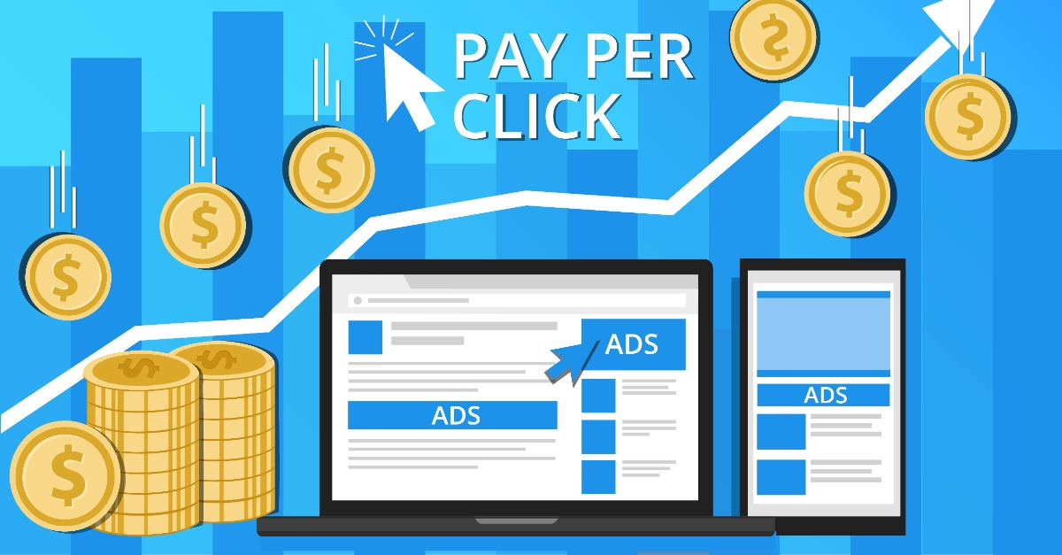 Pay-per-click illustration with ads on laptop and tablet screens