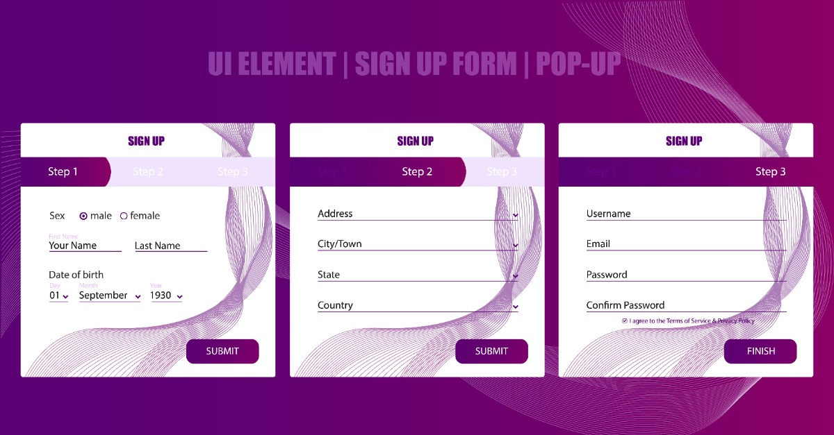 Illustration of a purple three-step signup form