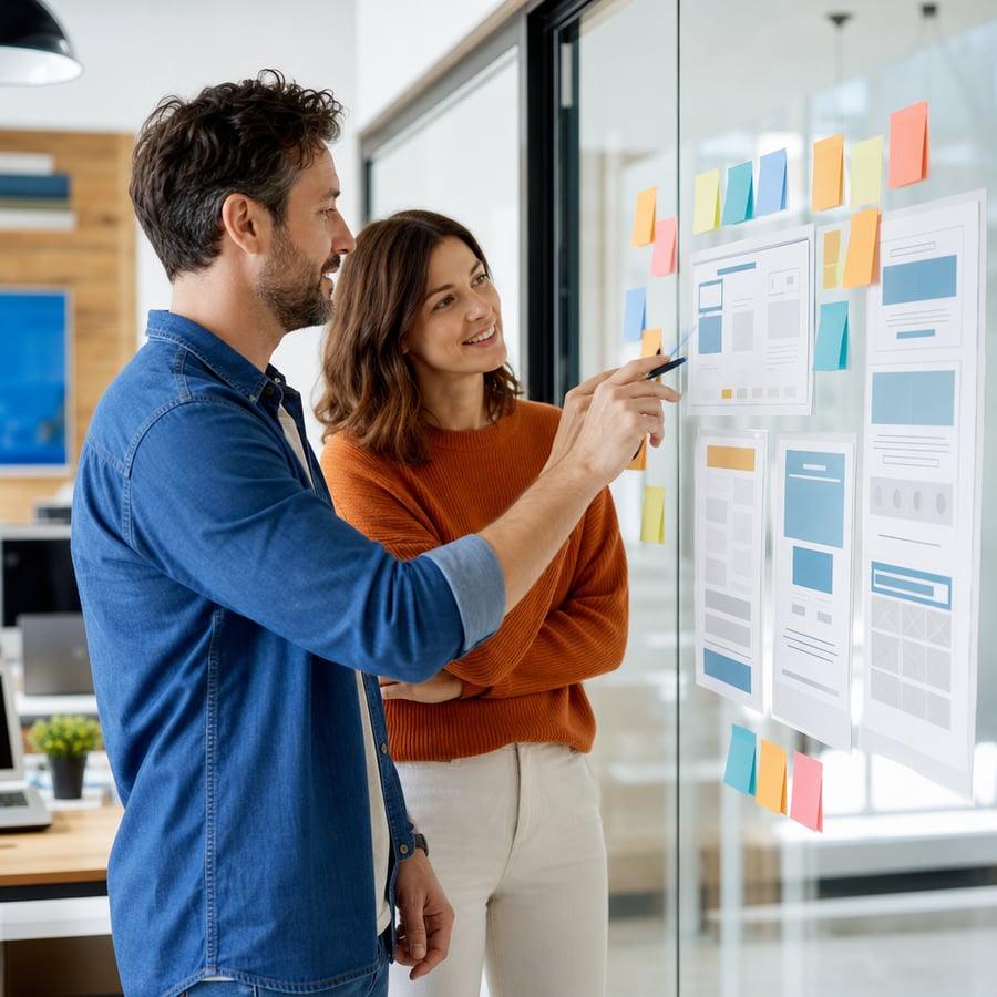 A web designer and client mapping out website project phases on a glass wall covered in wireframes and sticky notes